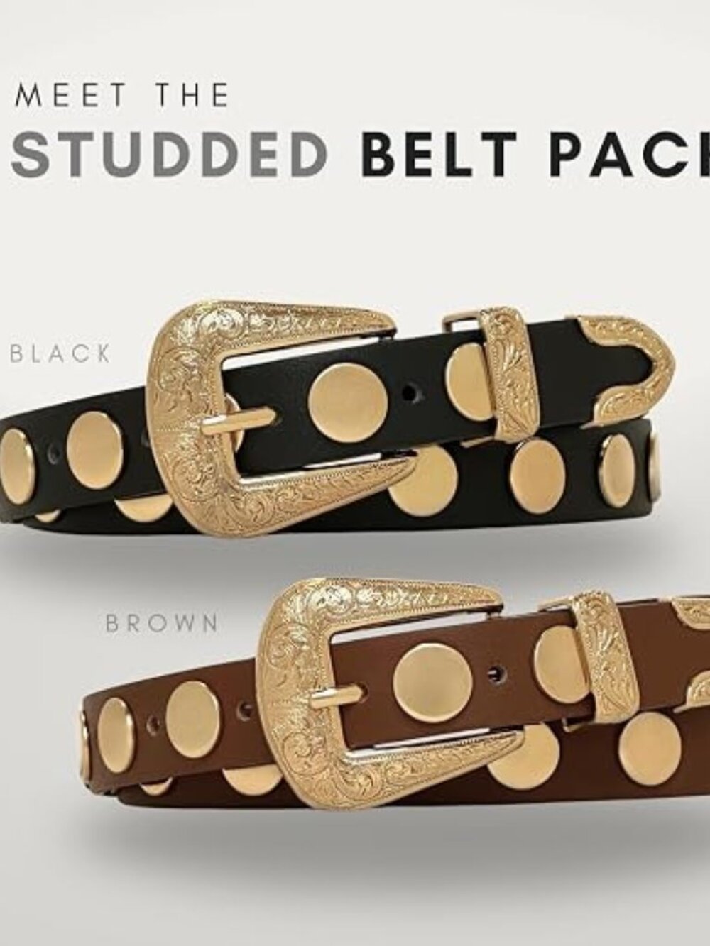 2-Pack Women's Country Western Belts Chunky Gold Belt Buckle- Black & Brown M-L